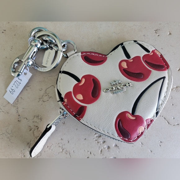 Coach Heart Shaped Coin Pouch Bag Charm With Cherries- NWT - Picture 3 of 11
